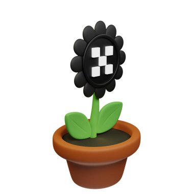  Beyaz arkaplanda OKB işareti olan saksıdaki çiçeğin 3B görüntüsü