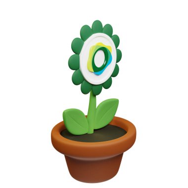  Çömlekteki çiçeğin 3 boyutlu tasviri Pax Dolarlık, beyaz arkaplanda USDP işareti