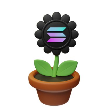  Solana ile saksıdaki çiçeğin 3 boyutlu görüntüsü, beyaz arkaplanda SOL işareti