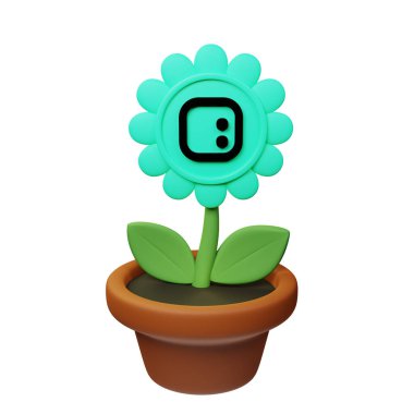  Beyaz arkaplanda Uzay Tanımlama işareti olan saksıdaki çiçeğin 3B görüntüsü