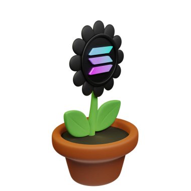  Solana ile saksıdaki çiçeğin 3 boyutlu görüntüsü, beyaz arkaplanda SOL işareti