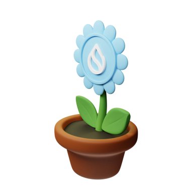  Beyaz arkaplanda Sui işareti olan saksıdaki çiçeğin 3 boyutlu görüntüsü