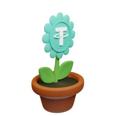  Kabın içindeki çiçeğin 3 boyutlu resmi, beyaz arkaplanda USDT işareti