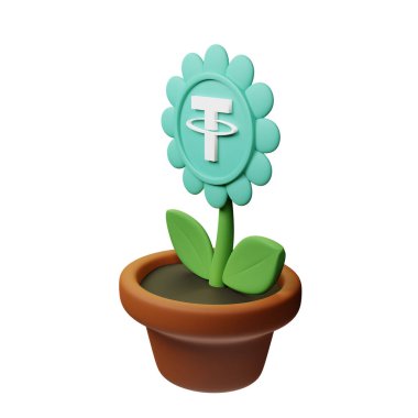  Kabın içindeki çiçeğin 3 boyutlu resmi, beyaz arkaplanda USDT işareti
