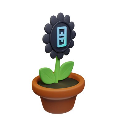  Teta Ağı ile saksıdaki çiçeğin 3 boyutlu tasviri, beyaz arkaplandaki THTA tabelası