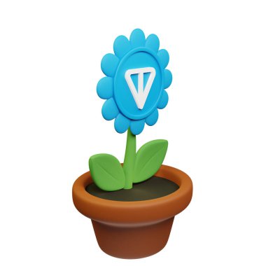  Toncoin ile saksıdaki çiçeğin 3 boyutlu çizimi, beyaz arkaplanda TON işareti