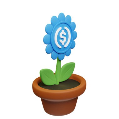  Beyaz arkaplanda USD işareti olan saksıdaki çiçeğin 3B görüntüsü