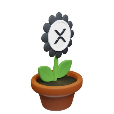  Beyaz arkaplanda XRP Crypto imzalı saksıdaki çiçeğin 3B görüntüsü