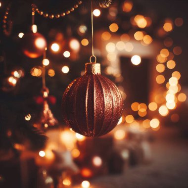 Noel ağacının arka planında Noel süslemeleri, yakın plan.