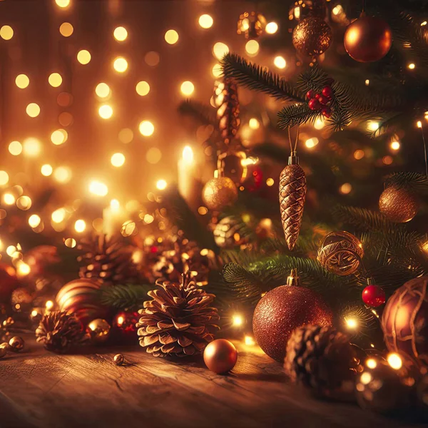 Bulanık bir geçmişi olan güzel bir noel kompozisyonu. Noel ve yeni yıl için şenlikli dekorasyon.
