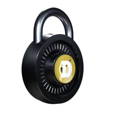 Şifreleme Kilidi Dogecoin simgesi beyaz arkaplanda izole edildi