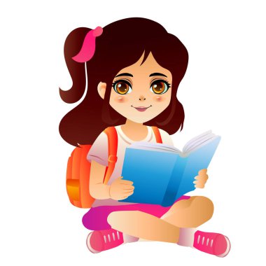 Mutlu okul kızı çizgi roman karakterleri okuyor.