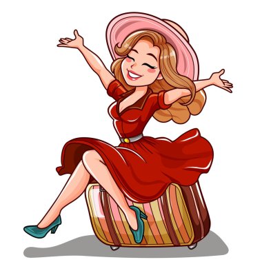 Kadın kendini mutlu hissediyor ve tatil vektörü çizimi yapıyor.