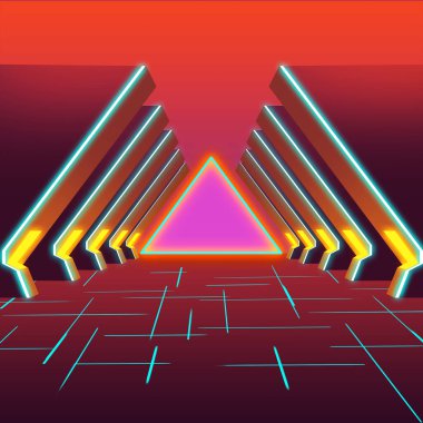Siberpunk Futuristik Şehir Sahnesi Renkli Fantastik Bilim Kurgu Elektronik Raster Grating Binaları. Arkaplan Kavramı Sanat İllüstrasyonu Video Oyunu Dijital Resim CG Sanat Kitabı İllüstrasyonu