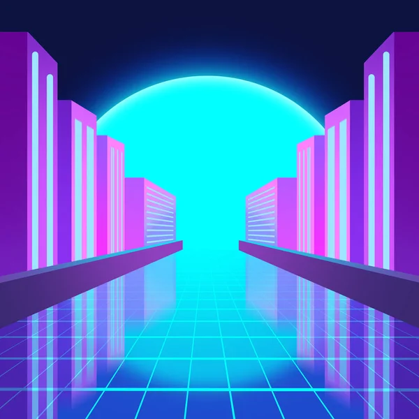 Cyberpunk Futuristic City Scene Colorful Fantastic Sci Electronic Raster Grating — 스톡 사진