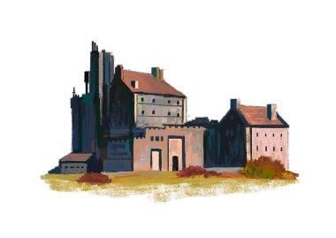 Fairy tale hut with flowers and flags outside.Concept Art Scenery. Book Illustration. Video Game Scene. Serious Digital Painting. CG Artwork Background. 