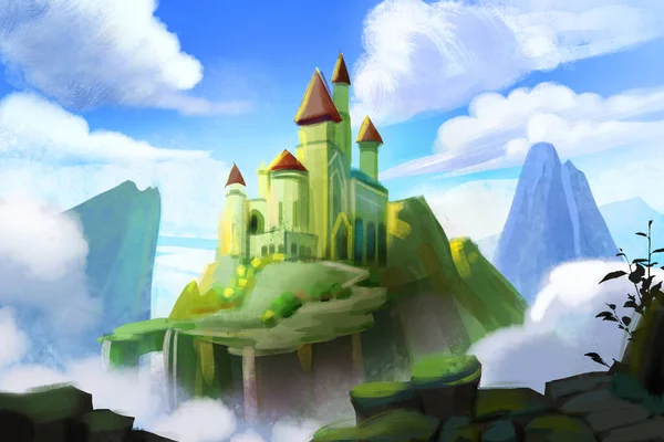 A castle surrounded by mountains. Green villa.Concept Art Scenery. Book Illustration. Video Game Scene. Serious Digital Painting. CG Artwork Background.