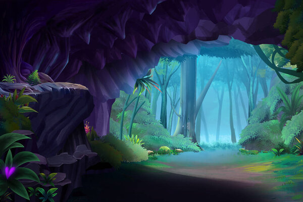 Mysterious stone cave deep in fantasy tropical forest. Fantasy Backdrop Concept Art Realistic Illustration Video Game Background Digital Painting CG Artwork Scenery Artwork Serious Book Illustration