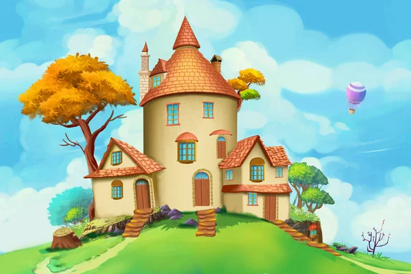 Small Farmhouse Castle Green Hills Fantasy Backdrop Concept Art Realistic Stock Photo