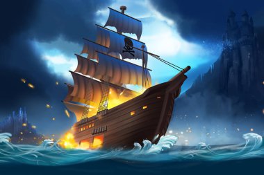 The Huge Pirate Ship in the Sea. Fantasy Backdrop Concept Art Realistic Illustration Video Game Background Digital Painting CG Artwork Scenery Artwork Serious Book Illustration clipart