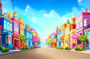 Renkli bir kasabada canlı bir yolculuk. Fantezi Arkaplan Kavramı Sanat Gerçekçi İllüstrasyon Video Oyunu Arkaplan Dijital Boyama CG Sanat Sanatı Sanatsal Sanatı Ciddi Kitap İllüstrasyonu