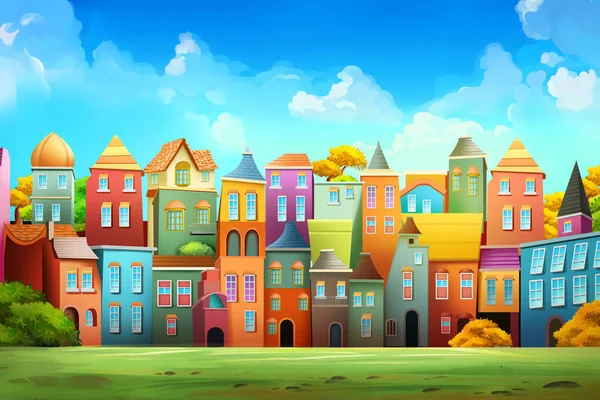 Vibrant Journey Colorful Town Fantasy Backdrop Concept Art Realistic Illustration Stock Image