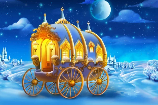 Fairy Tale Carriage Mitt Gnistrande Vinterlandskap Fantasy Bakgrund Begreppet Konst Stockfoto