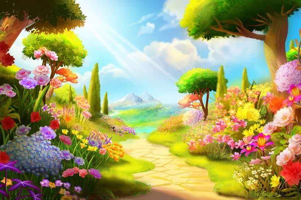 Fairytale background with trees, flower meadow, mountains and blue sky in cartoon style. Concept Art Scenery. Book Illustration. Video Game Scene. Serious Digital Painting. CG Artwork Background.