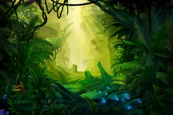 Deep Fantasy Tropical Forest Fantasy Backdrop Concept Art Realistic Illustration Stock Picture