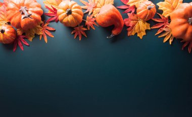 Şükran Günü ve Sonbahar dekorasyon konsepti sonbahar yaprakları ve balkabağından yapılmıştır. Düz konum, kopyalama alanı olan üst görünüm.