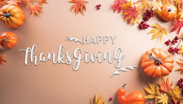 Autumn Thanksgiving Decoration Concept Made Autumn Leaves Berry Pumpkin Text — Stock Photo, Image