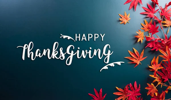 Thanksgiving Autumn Decoration Concept Made Autumn Leaves Text Dark Background — Stock Photo, Image