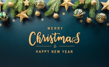 Noel ve yeni yıl konsepti. Noel balosunun, noel dalının, yıldızın ve kar tanesinin en üst görüntüsü..
