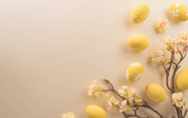 Happy easter! Colourful Easter eggs on pastel background. Decoration concept for greetings and presents on Easter Day celebrate time.