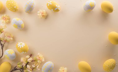 Happy easter! Colourful Easter eggs on pastel background. Decoration concept for greetings and presents on Easter Day celebrate time.