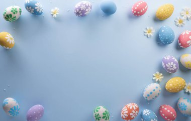 Happy easter! Colourful Easter eggs on pastel background. Decoration concept for greetings and presents on Easter Day celebrate time.