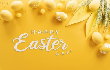 Happy easter! Colourful Easter eggs on yellow background. Decoration concept for greetings and presents on Easter Day celebrate time.