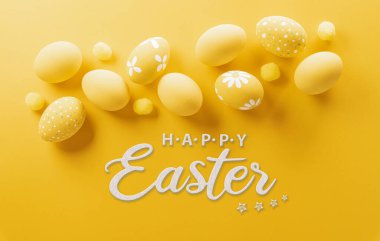 Happy easter! Colourful Easter eggs on yellow background. Decoration concept for greetings and presents on Easter Day celebrate time.