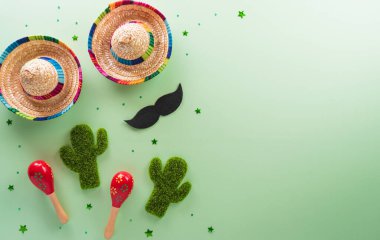 Marakas, Meksika battaniye şeritleri veya panço serape, kaktüs ve pastel arka planda şapkadan yapılmış Cinco de Mayo tatil arka planı.