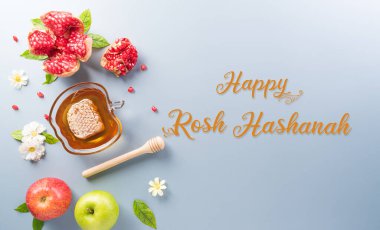 Rosh hashanah (Yahudi Yeni Yıl Tatili), Pastel arka planda geleneksel veya dini semboller kavramı.