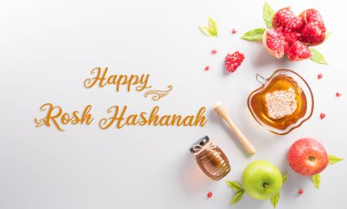 Rosh hashanah (Yahudi Yeni Yıl Tatili), Beyaz arkaplan üzerine yazılı geleneksel veya dini semboller kavramı.