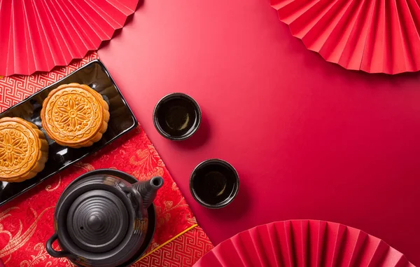 Chinese Mid Autumn Festival Concept Made Mooncakes Tea Plum Blossom — Stock Photo, Image