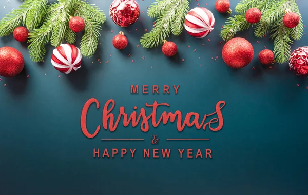 クリスマスと新年の背景の概念 暗い背景にクリスマスボール クリスマスブランチ スターと雪の結晶のトップビュー ストックフォト