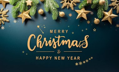 Noel ve yeni yıl konsepti. Noel balosunun, noel dalının, yıldızın ve kar tanesinin en üst görüntüsü..