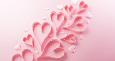Aşk ve Sevgililer Günü kavramı pastel arka plandaki pembe kağıt kalplerden yapılmıştır..