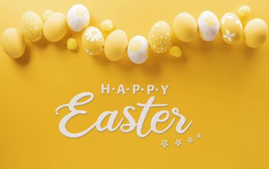 Happy easter! Colourful Easter eggs on yellow background. Decoration concept for greetings and presents on Easter Day celebrate time.