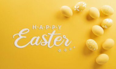 Happy easter! Colourful Easter eggs on yellow background. Decoration concept for greetings and presents on Easter Day celebrate time.