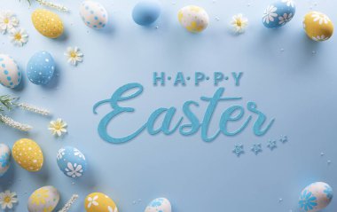 Happy easter! Colourful Easter eggs on pastel background. Decoration concept for greetings and presents on Easter Day celebrate time.
