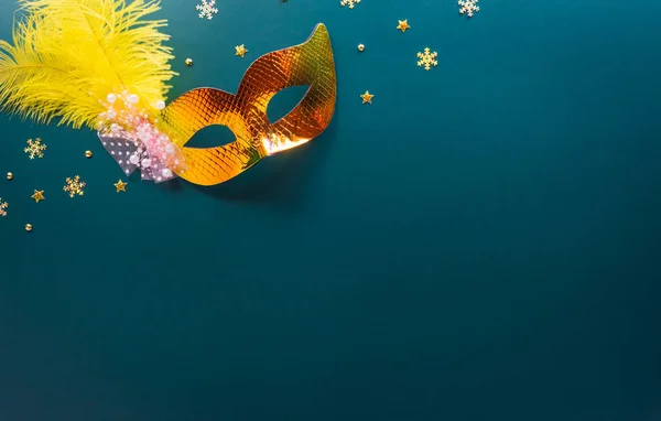 Happy Purim Carnival Decoration Concept Made Golden Mask Star Glitter Fotos De Bancos De Imagens