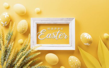 Happy easter! Colourful Easter eggs on yellow background. Decoration concept for greetings and presents on Easter Day celebrate time.